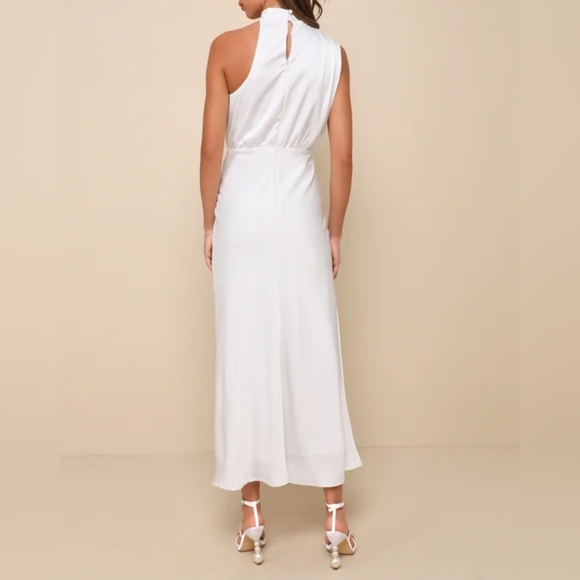 Lulus Distinctive Charm White Satin Asymmetrical Midi Dress, Size Medium - Picture 3 of 10